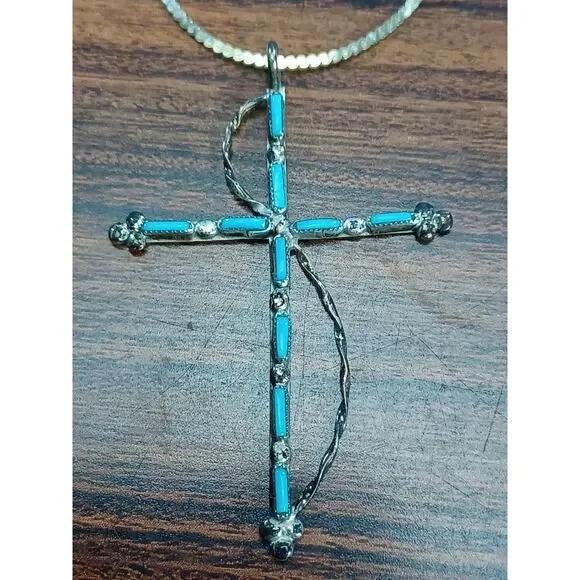 Vintage 925 Turquoise Cross & Chain Native American Southwestern Beauty Necklace - Picture 11 of 16